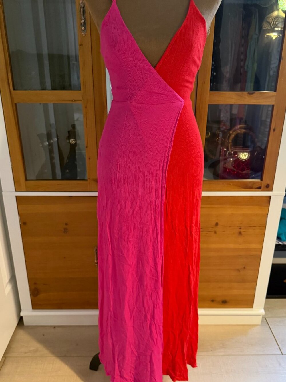 Alya Pink and Red Wrap Maxi Dress Size XS